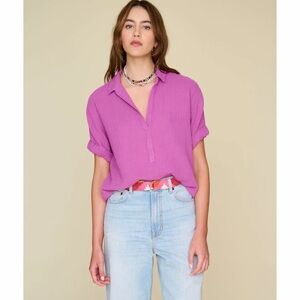 Xirena Cruz Top Cotton Gauze V-Neck Henley Bramble Berry